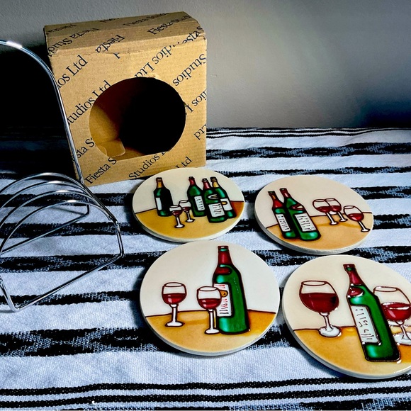 Wine Themed Ceramic Coasters, set of 4 with stand - Picture 2 of 6
